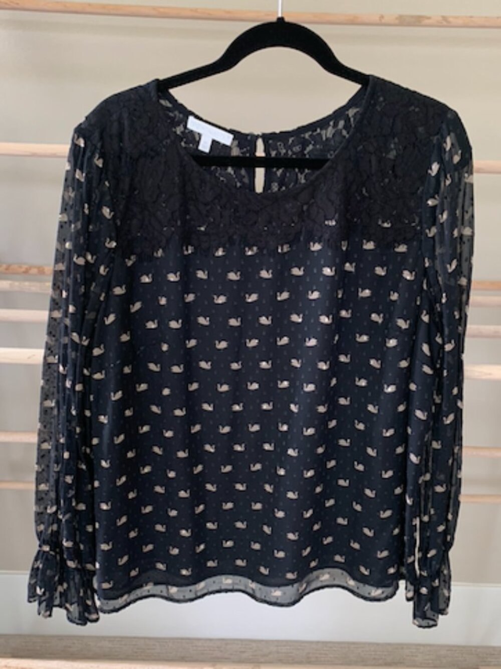 RSVP by Talbots XL Black Swan Print Lace Yoke Clip Dot Blouse Long Sleeve Top